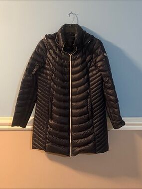 Michael Kors Navy Quilted Long Puffer Coat with hood with Gold Zip